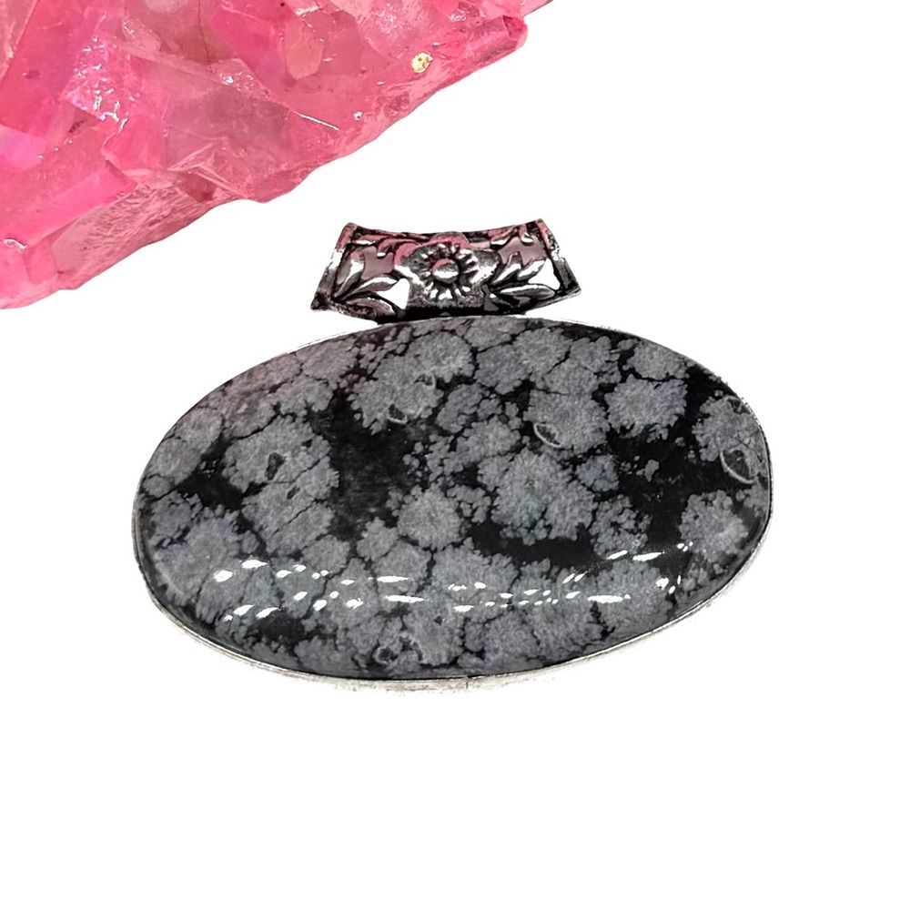 Snowflake Obsidian Necklace Pendant 925 Sterling Silver Overlay Black Stone Oval